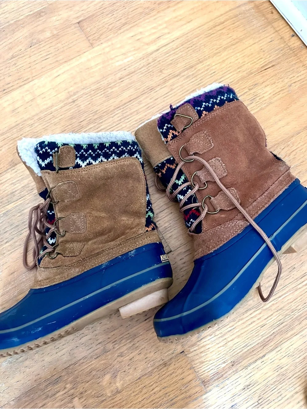 Khombu Women’s Vail 7 Duck Boots Blue Suede Fair Isle Fleece Lined Snow Boots